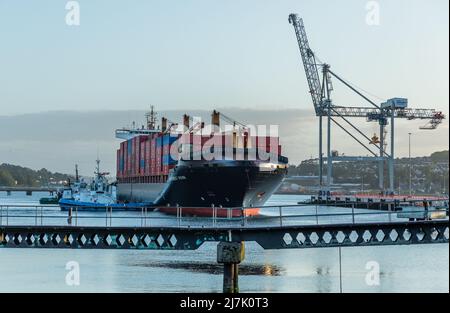 Ringaskiddy, Cork, Irlanda. 10th maggio 2022. Le TUG boats Gerry o' Sullivan e DSG Titan spingono la nave container Independent Vision al molo d'acqua profonda a Ringaskiddy, Cork, Irlanda. - Foto David Creedon Foto Stock