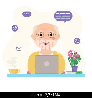 Buon nonno con il computer portatile. Vecchio che usa il computer per comunicare su internet. Illustrazione Vettoriale