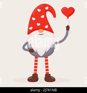 Simpatico gnome di San Valentino con un palloncino rosso a forma di cuore. Illustrazione vettoriale piatta per il regalo, il biglietto, la stampa, la decorazione del giorno di San Valentino. Illustrazione Vettoriale