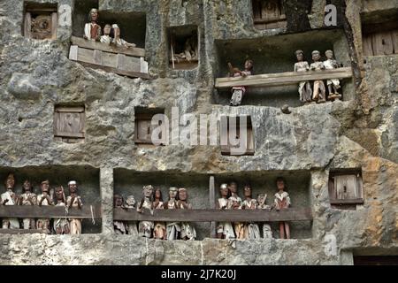 Aperture di tombe in pietra e effigi in legno su una scogliera in un tradizionale luogo di sepoltura a Lemo, Nord Toraja, Sud Sulawesi, Indonesia. Foto Stock