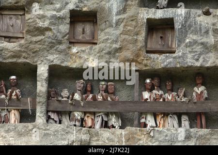 Aperture di tombe in pietra e effigi in legno su una scogliera in un tradizionale luogo di sepoltura a Lemo, Nord Toraja, Sud Sulawesi, Indonesia. Foto Stock