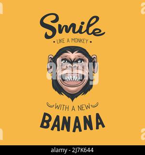 Sorridi come una scimmia con una Nuova Banana. Vettore disegnato a mano sorridente Chimpanzee Ape e citazione tipografica. Chocolate Abstract Funny Monkey Head per Wall Art Illustrazione Vettoriale