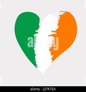 Bandiera d'Irlanda con puntelli a pennello nei colori nazionali a forma di cuore verde, bianco e arancione, sfondo astratto. Illustrazione vettoriale Illustrazione Vettoriale