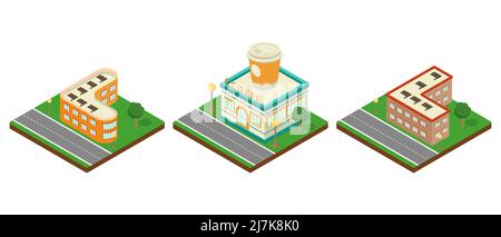 Moderni edifici isometrici. Caffetteria, polizia, centro fitness. Icona isometrica o elemento inforgrafico. Illustrazione vettoriale piatta Illustrazione Vettoriale