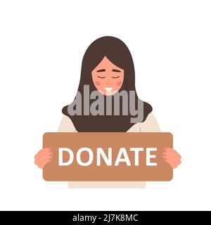 Concetto di donazione e beneficenza. Donna volontaria araba che tiene in mano segno di cartone Donate. Sostegno ai senzatetto e ai poveri. Aiuto umanitario Illustrazione Vettoriale