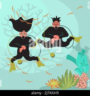 Scena subacquea con subacquei Illustrazione Vettoriale