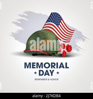 Felice Memorial Day USA. Cappellino soldato americano con bandiera. Disegno vettoriale Illustrazione Vettoriale