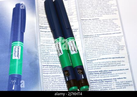 Cairo, Egitto, settembre 12 2021: Levemir flexpen, un farmaco di insulina detemir a lunga durata d'azione per trattare sia il tipo 1 e tipo 2 diabete mellitu Foto Stock