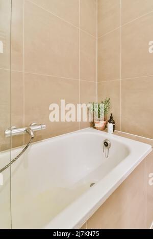 Vasca da bagno in ceramica in bagno contemporaneo con parete piastrellata beige con piante in vaso Foto Stock