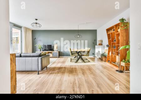 Comodo divano posto vicino al tavolo da pranzo contro la TV moderna in un soggiorno elegante e luminoso con elementi decorativi su ripiani in legno Foto Stock