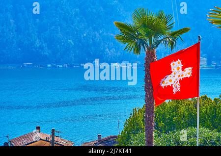 La bandiera svizzera rossa brillante e l'alta palma di fronte al Lago di Lugano e al pendio della montagna, Morcote, Svizzera Foto Stock