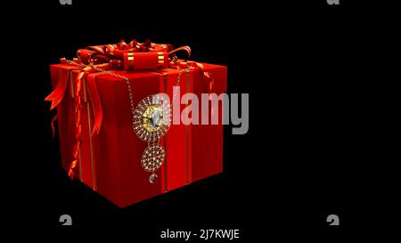 Giftbox rosso con bijouterie - collana goldish e diamanti su bg nero, isolato, fictional - astratto 3D rendering Foto Stock