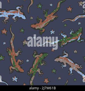 Motivo vettoriale senza cuciture con geckos colorati su sfondo blu. Carta da parati artistica animale con lucertole e stelle. Illustrazione Vettoriale