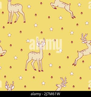 Pattern vettoriale senza giunture con cervi e stelle su sfondo giallo. Semplice animale carta da parati design decorativo inverno moda tessile. Illustrazione Vettoriale