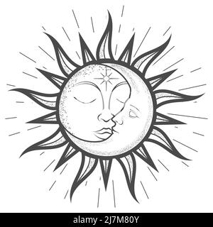 Luna a mezzaluna dentro sole con viso, occhi chiusi, segno zodiacale magico o astrologico, stregoneria tarocchi, simbolo esoterico, vettore Illustrazione Vettoriale