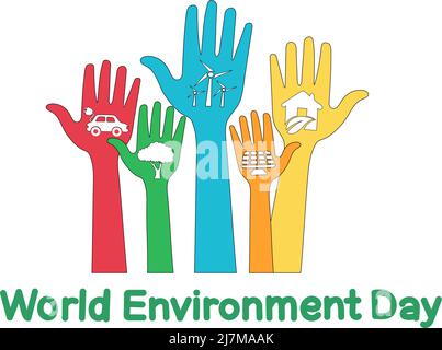mani colorate con energia alternativa illustrazione vicino mondo ambiente giorno scritta su bianco, illustrazione di scorta Illustrazione Vettoriale