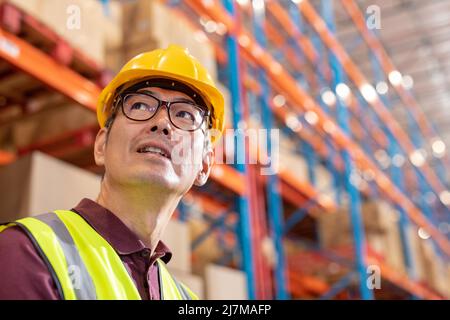Vista ad angolo basso del lavoratore asiatico maturo di magazzino maschile indossando hardhat e occhiali guardando via Foto Stock