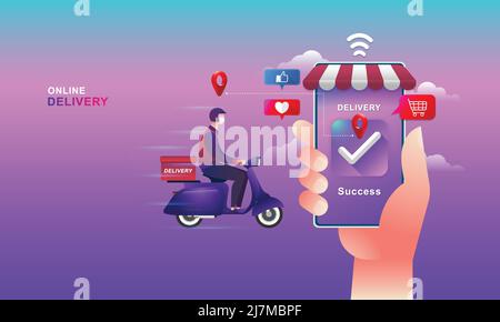 Shopping online sul sito web e-commerce, applicazioni e digital marketing. Tenere a mano lo smartphon con l'addetto alla consegna. Modello per banner. Illustrazione Vettoriale