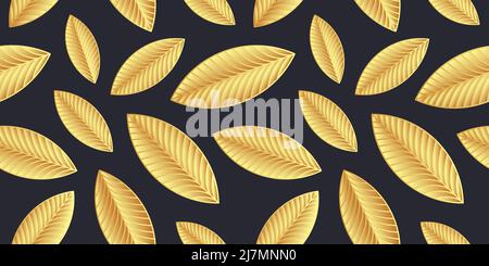 Elegante foglia dorata senza cuciture motivo sfondo orizzontale. Sfondo vettoriale in foglia d'oro di lusso. Illustrazione Vettoriale