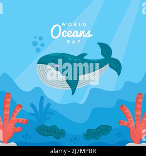 world oceans day card con balena Illustrazione Vettoriale