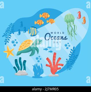 poster delle lettere del giorno degli oceani del mondo con il sealife Illustrazione Vettoriale