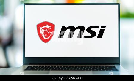 POZNAN, POL - FEB 05, 2022: Computer portatile che mostra il logo di Micro-Star International, una multinazionale taiwanese informatica Foto Stock