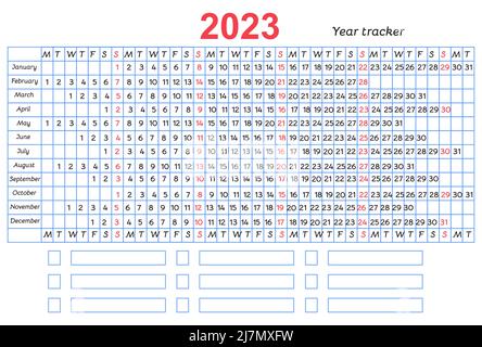 Calendario umore e abito tracker griglia 2023 anno. Design vettoriale con linea blu e domenica rossa. Modello di tabella su sfondo bianco per l'organizzazione e. Illustrazione Vettoriale