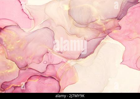 Astratto inchiostro liquido pittura sfondo in colori rosa con spruzzi d'oro. Foto Stock