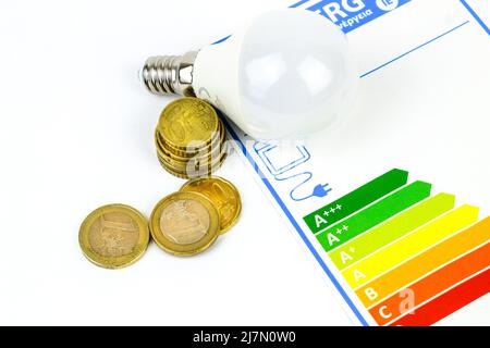 Etichetta energetica dell'Unione europea accanto alle monete e alla lampadina a LED su sfondo bianco Foto Stock
