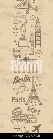 Immagini a forma di scarabocchio disegnate a mano modello senza giunture, sfondo di viaggio, ottimo per tessuti, avvolgimento, striscioni, sfondi - disegno vettoriale Illustrazione Vettoriale