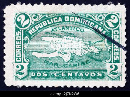 REPUBBLICA DOMINICANA - CIRCA 1900: Un francobollo stampato in Repubblica Dominicana mostra la Mappa di Hispaniola, circa 1900 Foto Stock