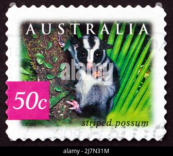 AUSTRALIA - CIRCA 2003: Un francobollo stampato in Australia mostra Striped Possum, Dactylopsila Trivirgata, animale marsupiale, circa 2003 Foto Stock