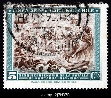 CILE - CIRCA 1965: Un francobollo stampato in Cile mostra la Battaglia di Rancagua, Guerra di Indipendenza cilena, 150th anni, circa 1965