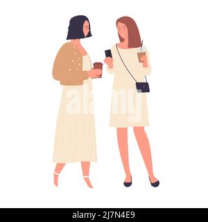 Carino femmina amici che parlano e bevono take away caffè. Bella amicizia e ragazze incontro cartoon vettore illustrazione Illustrazione Vettoriale