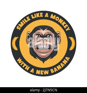 Sorridi come una scimmia con una Nuova Banana. Vettore disegnato a mano sorridente Chimpanzee Ape e citazione tipografica. Chocolate Abstract Funny Monkey Head per Wall Art Illustrazione Vettoriale