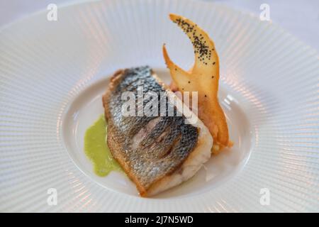Spigola appena scottata adagiato su una leggera salsa di piselli veloute con un croccante biscotto di semi di papavero, il tutto su un elegante piatto pronto per essere servito Foto Stock