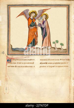 L'Apocalisse dei Chiostri ca. 1330 - l'Apocalisse, o Libro dell'Apocalisse, Giovanni evangelista, durante il suo esilio nell'isola greca di Patmos. In questa immagine - Giovanni mangia il libro ed è comandato alla profezia Foto Stock