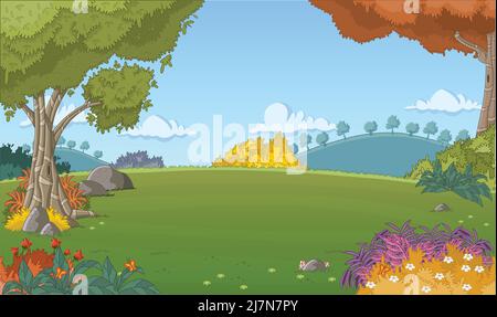Verde foresta con erba e alberi. Paesaggio naturale. Illustrazione Vettoriale