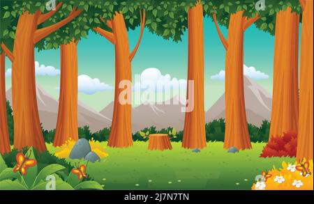 Verde foresta con erba e alberi. Paesaggio naturale. Illustrazione Vettoriale