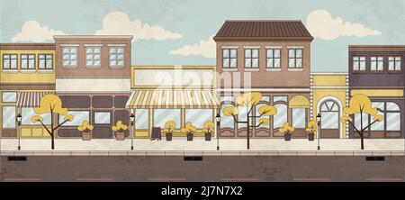 Strada di una città colorata con negozi Illustrazione Vettoriale