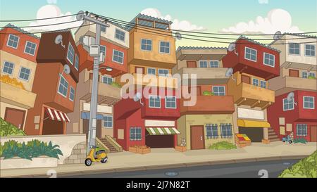 Strada del quartiere povero della città. Slum. Favela. Illustrazione Vettoriale