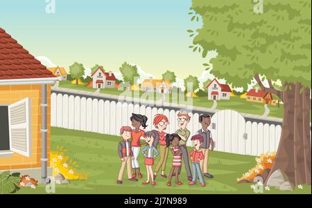 Famiglia Cartoon nel quartiere sobborgo. Verde parco paesaggio con erba, alberi, e case. Illustrazione Vettoriale