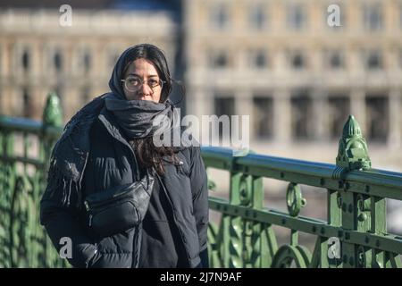 Donna ungherese che cammina attraverso il Ponte della libertà durante l'inverno. Budapest, Ungheria Foto Stock