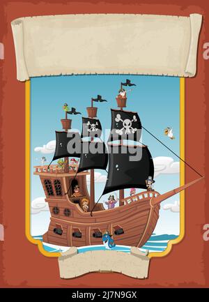 Poster con pirati cartoni animati su una nave al mare. Banner con nastri. Illustrazione Vettoriale