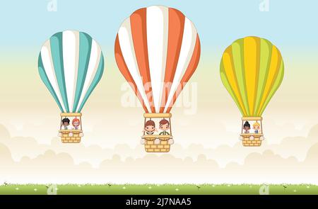 I bambini di cartone animato dentro un pallone ad aria calda nel cielo. Illustrazione Vettoriale