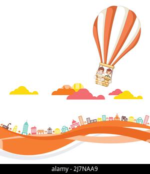 I bambini di cartone animato all'interno di una mongolfiera che vola sopra la città colorata. Illustrazione Vettoriale