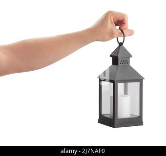 lanterna in mano sentiero isolato su bianco Foto Stock
