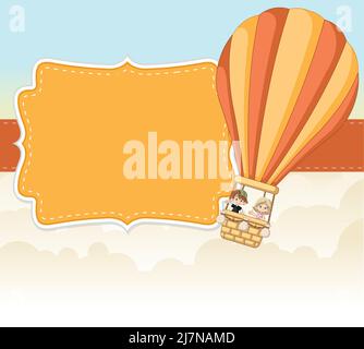 I bambini di cartone animato dentro un pallone ad aria calda nel cielo. Progettazione di modelli infografici. Illustrazione Vettoriale