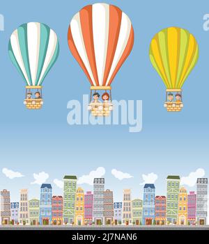 I bambini di cartone animato all'interno di una mongolfiera che vola sopra la città colorata. Illustrazione Vettoriale
