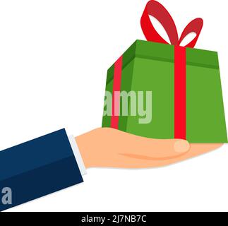 Mano che tiene fuori una scatola del regalo pronta per voi, disegno vettoriale dell'illustrazione. EPS 10 Illustrazione Vettoriale